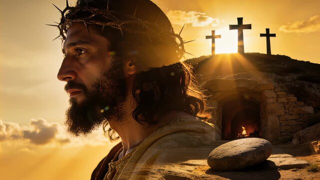 jesus with crown of thorns before sunset near empty tomb, symbolizing resurrection and hope