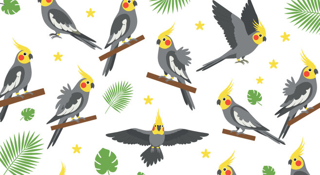 Cockatiel parrot seamless pattern flat vector illustration with tropical leaves branches and cute grey birds in various poses