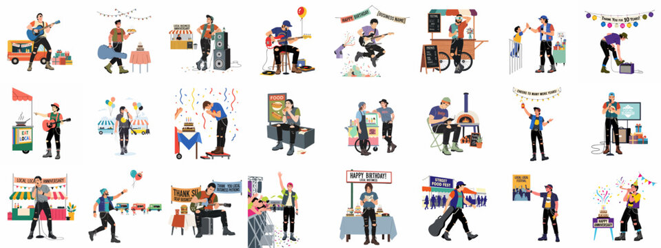 Dynamic illustrations of local community celebrations: young men enjoying street food, live music, birthdays, and business anniversaries with festive cheer.