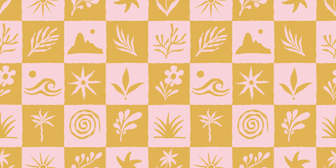 Vector hand drawn seamless pattern graphics with silhouette summer and vacation illustrations, print design template, tropical illustrations, frames and borders in simple trendy naive cut out style  © venimo