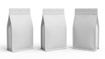 Three empty kraft paper stand-up pouches displayed in a neat row against a white background