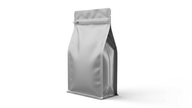 Elegant silver pouch standing upright showcasing modern minimalist packaging design