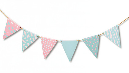 Fototapeta premium Pastel Garland Celebration: A festive garland of pastel-colored pennant flags, each adorned with playful patterns, hangs in cheerful arrangement, bringing a touch of whimsy and joy to any celebration.
