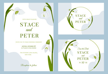 Wedding invitation cards template, save the date, snowdrop flowers design and elegant text