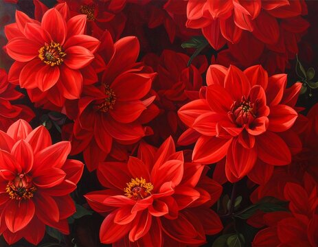 A vibrant, close-up painting displays a profusion of bright, crimson flowers with sunny yellow centers against a dark background