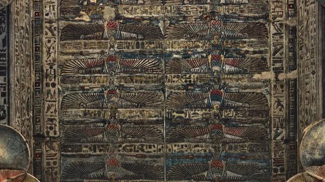 Egypt. Esna temple hypostyle hall with massive painted columns and colorful hieroglyphic reliefs on ceiling in Egypt, ancient Roman-era architecture with preserved pigments and carvings.