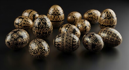 Decorated easter eggs in a group against a dark background elegant design