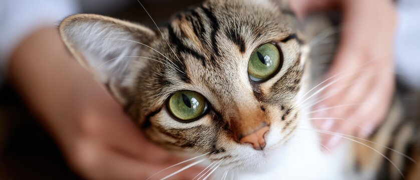 Maine cat is being petted by a male doctor in his clinic during a busy afternoon in a professional setting with sharp focus and blurred background