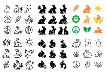 Fototapeta premium Nature icons with rabbits leaves and peace minimal