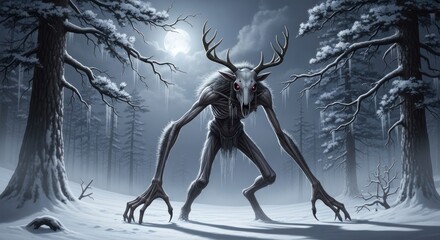 Obraz premium Mysterious Creature in Snowy Forest Landscape.