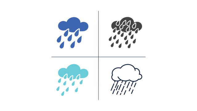 Four illustrations of clouds with varying precipitation types and intensities