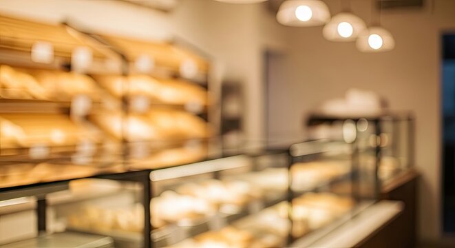 Blurred bakery display case interior.
