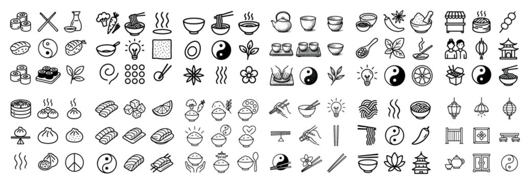 Culinary icons with bowl chop stick sushi minimal