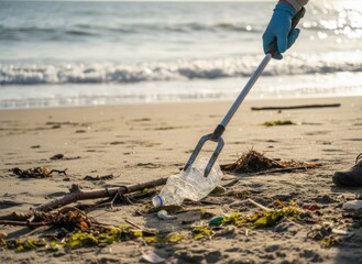 Beach Cleanup Action Person With Blue Gloves Grabs Plastic Bottle With Grabber Tool On Sandy Shoreline With Gentle Waves And Golden Sunlight