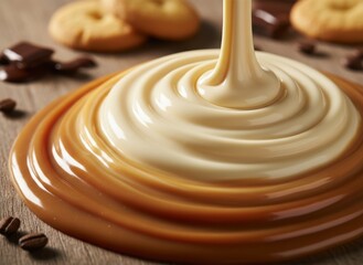 Swirling Caramel and White Chocolate Sauce Forms a Creamy Texture on a Wooden Surface with Cookies and Coffee Beans Nearby
