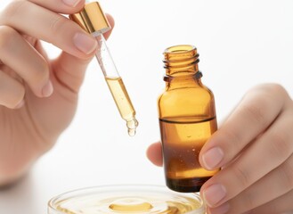 Close up of hands holding amber glass dropper bottle with golden liquid and pipette for skincare or aromatherapy on white background