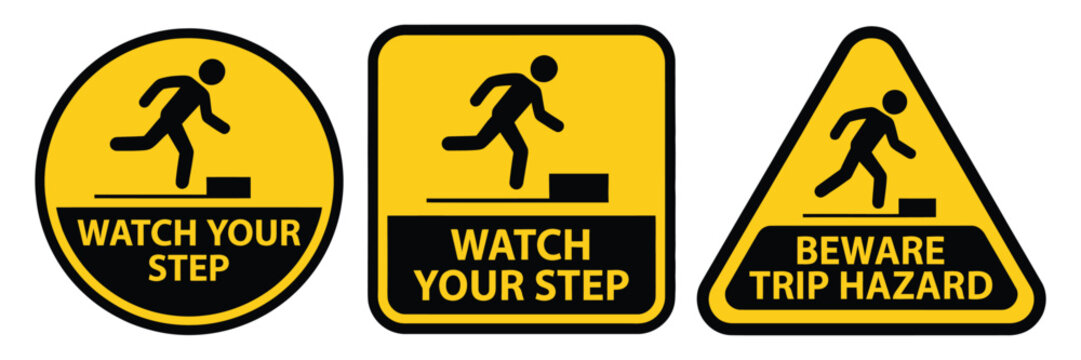 Tripping hazard symbol safety sign, watch your step warning, floor obstacle caution graphic, falling person foot alert vector illustration.