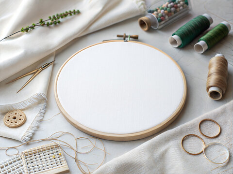 Blank embroidery hoop with sewing supplies flat lay