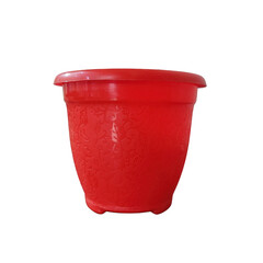 Red plastic flower pot with embossed floral patterns isolated on transparent background for home gardening