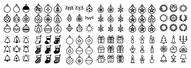 Fototapeta premium Holiday icons with bauble bell wreath outline