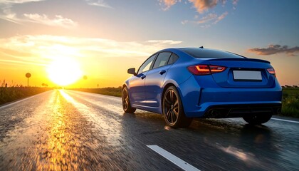 Obraz premium Blue car drives on a highway towards a golden sunset with bright sun glare on asphalt and vibrant skies