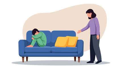 Modern vector illustration of parent comforting child feeling lonely at home. Mental health awareness and emotional support parenting concept for family wellbeing
