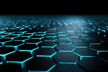 Obraz premium Abstract composition of interconnected hexagonal shapes, illuminated with a glowing blue hue