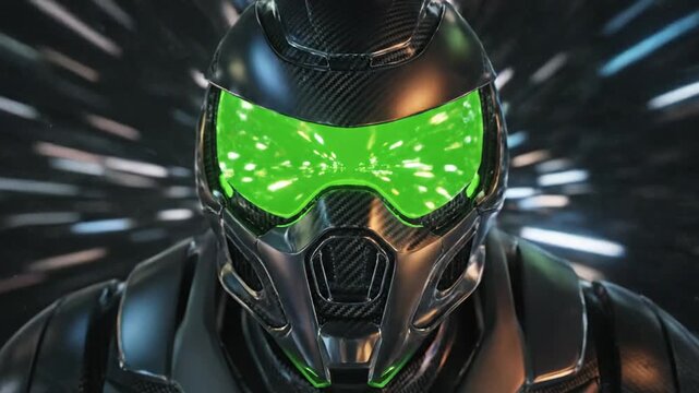 Futuristic character with glowing green visor in a high-speed digital tunnel background