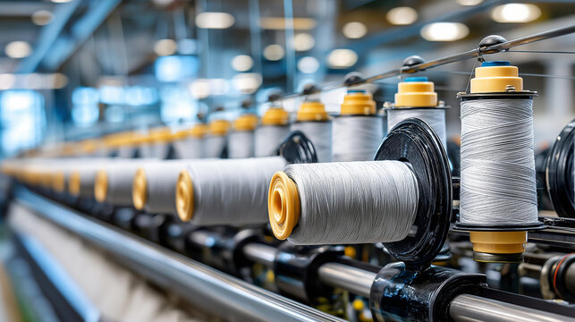 Machinery equipment used spinning production company, textile manufacturing apparatus, fiber processing machinery, industrial production equipment, with copy space