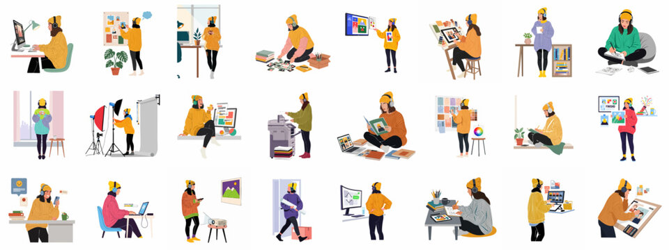 Diverse vector illustrations featuring a creative woman engaged in graphic design, photography, digital art, learning, and remote work activities, showcasing modern professional life and productivity.