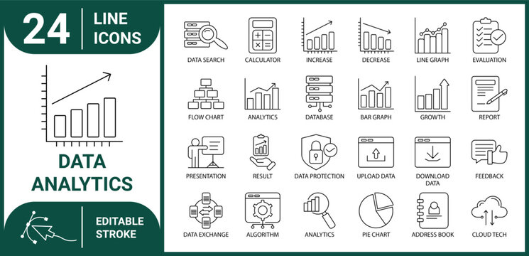 24 Data Analytics Line Icons Set. Editable Stroke Business Graph, Chart, Database, Report & Cloud Technology Vector Collection