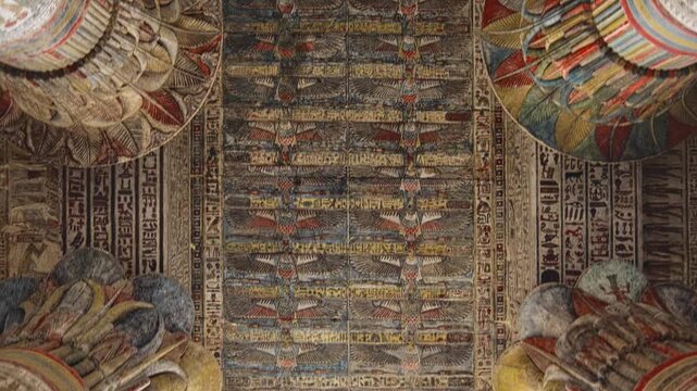 Egypt. Esna temple hypostyle hall with massive painted columns and colorful hieroglyphic reliefs on ceiling in Egypt, ancient Roman-era architecture with preserved pigments and carvings.