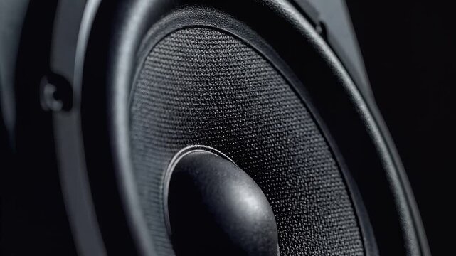 Audio Speaker Close-up: a dramatic close-up showcases a powerful audio speaker, revealing the intricate texture of the cone and the sleek design.