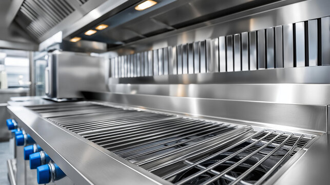 Stainless steel exhaust hood grease trap close-up, large industrial kitchen semi-finished products production, commercial ventilation system, food factory equipment, with copy space