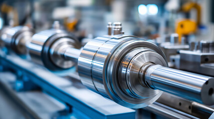 Fototapeta premium Rotating machinery equipment production company visualization, industrial manufacturing environment, mechanical production facility, equipment fabrication plant, with copy space
