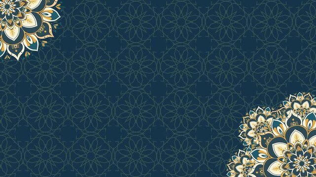 A luxurious Islamic and Arabic blue background with a smooth rotating mandala animation and arabesque patterns, as well as space for text. Suitable for Ramadan events, Eid Mubarak, and social media.