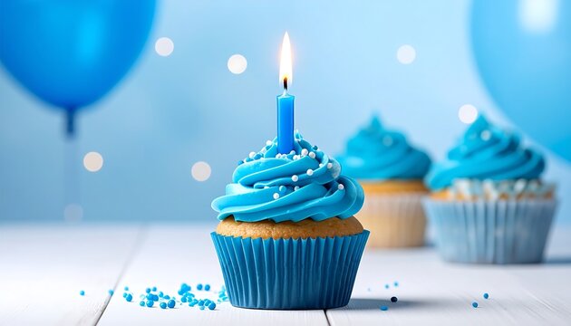 Blue cupcake with lit candle and balloons, set on white wood with blurred background