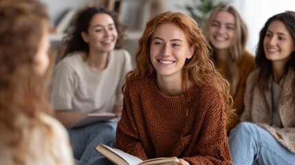 Obraz premium Happy group of diverse young women engaged in a joyful conversation while sitting in a cozy indoor setting, with one woman reading a book aloud