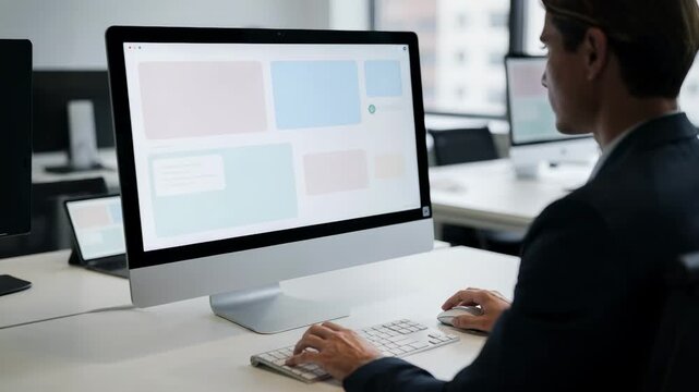Medium shot of a professional using a sleek desktop computer showcasing a consistent application interface with blurred office background emphasizing crossplatform software