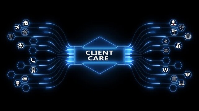 Customer support dashboard featuring Client Care interface with secure relationship monitoring and advanced digital service management system technology 4K animation video