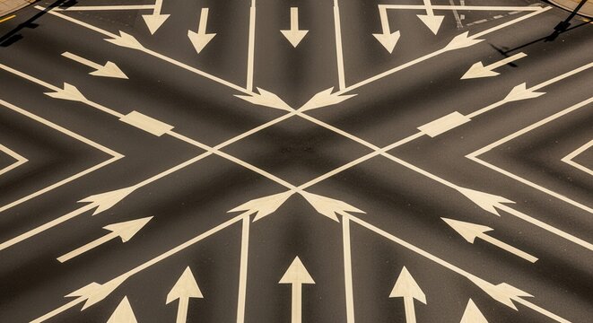 Abstract Aerial View Of Road Markings Showcasing Directional Arrows And Geometric Design