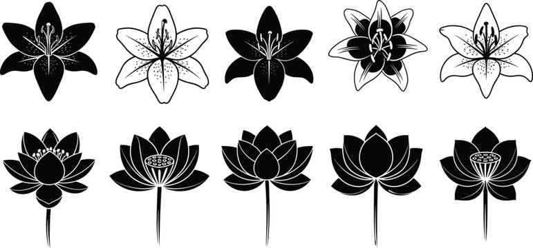 Black silhouette of a girl with long flowing hair bending backwards in a dynamic expressive pose, cad drawing flat vector illustration isolated on white.