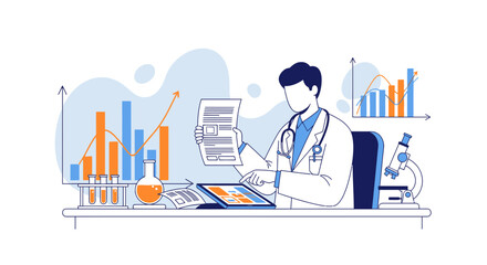 Obraz premium Doctor Analyzing Medical Data with Charts and Lab Equipment