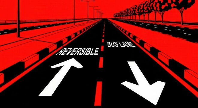 Abstract Roadway Design with Arrows and Markings, Symbolic Concept in Bold Red and Black