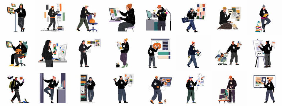 Digital Halloween Creativity: Young designers and developers work on various spooky-themed projects, encompassing web design, content creation, and project management.