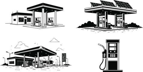 Modern Gas Station and Fuel Pump Collection with Solar Panel Canopy and Bus Refueling Monochrome Line Art Illustration © Moksen