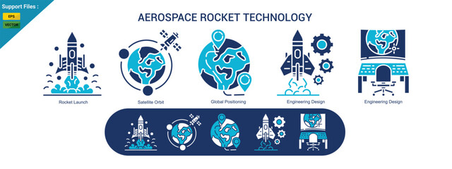 aerospace rocket technology  icons including rocket launch, satellite orbit, global positioning, engineering design, and ground control system.  two color icon set © tru3_Art