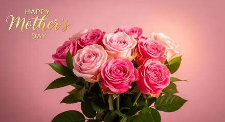 Fototapeta premium Beautiful pink roses bouquet for mother's day with golden text on soft pink background