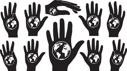 Fototapeta premium Multiple hands holding the Earth globe in black silhouette