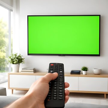 Hand Holding Remote Control in Front of TV with Green Screen Mockup in Bright Modern Living Room